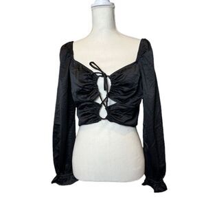 NWOT Kirious Black Long Sleeve Crop Top Tie Front Elastic Back Peek a Boo Large